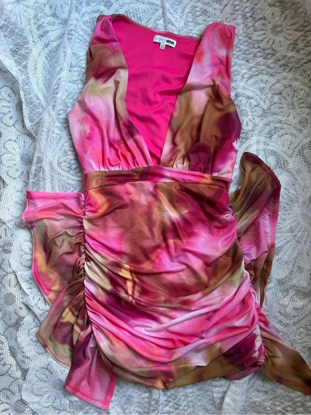 Fashion Nova & Brown Tie-Dye V-Neck Ruched Mini Dress
